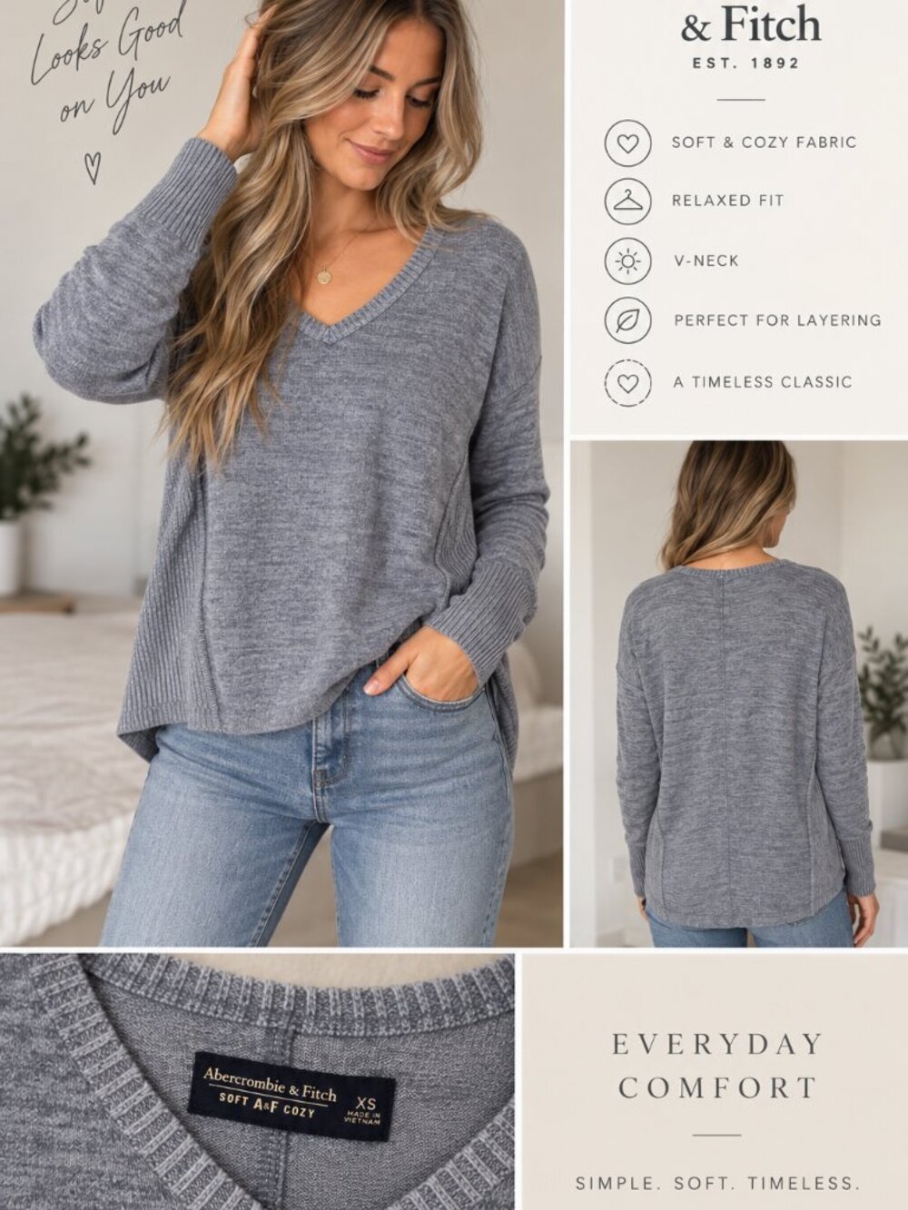 🤍 Abercrombie & Fitch Soft A&F Cozy V-Neck Sweater